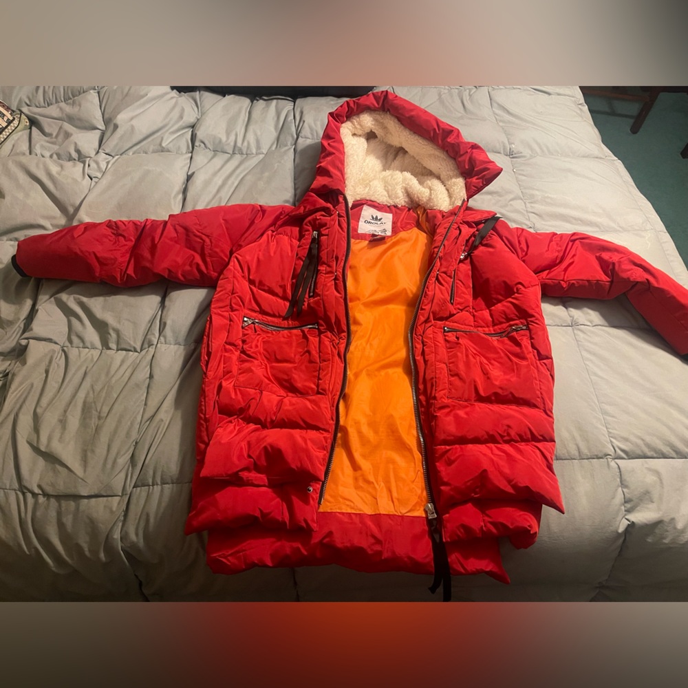 OROLAY Red Puffer Jacket with Orange Lining